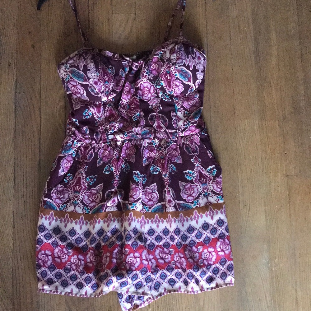 About a girl burgundy floral boho bustier romper